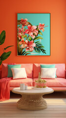 The tropical ambiance in a living room is perfected with lively coral walls and a blank mockup frame.