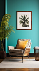 Fototapeta na wymiar The tropical decor finds harmony in a living room adorned with tranquil teal walls and a blank mockup frame.
