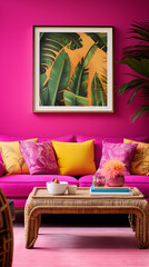 Vibrant magenta walls infuse energy into a tropical-themed living room, framing an empty mockup frame.