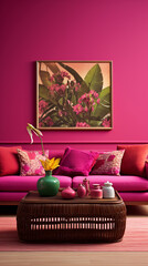 Vibrant magenta walls infuse energy into a tropical-themed living room, framing an empty mockup frame.