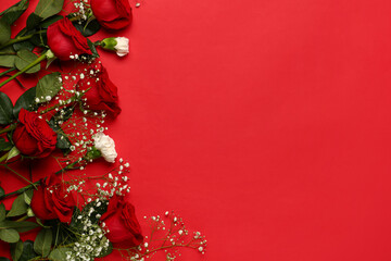 Roses with white carnations and gypsophila on red background. Valentine's day concept