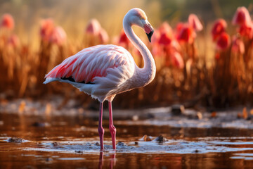 Flamingo are looking for food in wetlands, conservation and sustainability