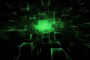 Illustration digital template square effects and glowing green artwork on black background - space abstract