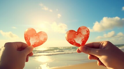 Fototapeta premium Hand holding a shape heart from the lover with sunlight background at the sea. Love on Valentine 's day or wedding. It expresses your love and care for your someone special to you. Generative Ai
