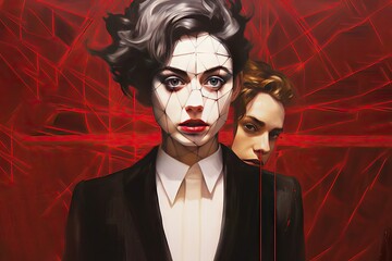 DETACHMENT woman beauty young face fashion black portrait lady model red makeup hair brunette widow pretty h dark mask leather