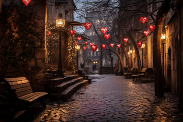 Fototapeta na wymiar Romantic Cobblestone Street With Heart-Shaped Lanterns
