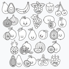 A collection of cute fruit characters in black and white.	