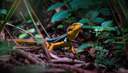 A colorful lizard in the forest.