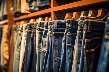 store clothing boutique shelf pants jeans Denim jean pant fashion style retail shopping apparel - obrazy, fototapety, plakaty