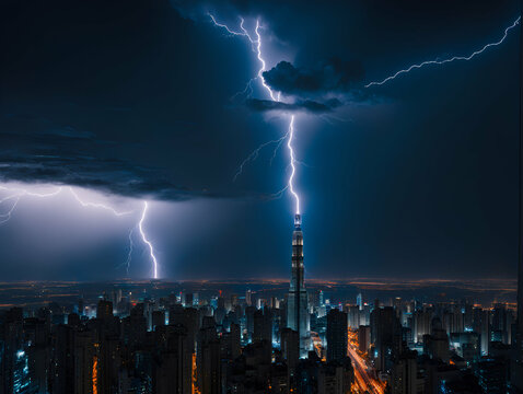 Lightning strikes the lightning rod of a high-rise skyscraper. - Generative AI	