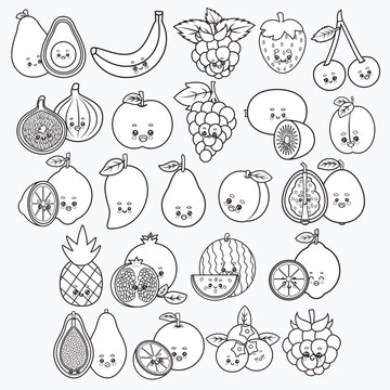 A collection of cute fruit characters in black and white.	