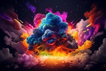 Fotobehang Magic explosion, game bomb boom effect with colorful clouds. Isolated smoke cumulus elements of gas explosion © Robin
