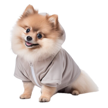 The image features an adorable Pomeranian dog dressed in a chic light gray hoodie, set against a black background, looking upward with a happy expression.