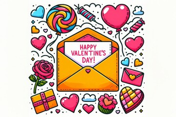 Illustration of a Valentine's card. Yellow envelope outline with the Happy Valentine's Day card. White background with gifts, hearts, cookies, cakes, rose flower, lollipop, balloon