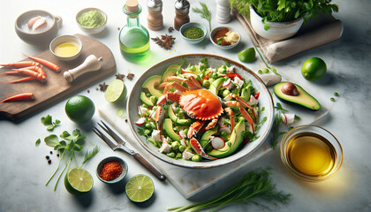 Fototapeta na wymiar Crab and Avocado Salad with Ginger Lime Dressing