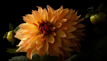 Obraz premium Vibrant yellow dahlia blossom, fresh and beautiful in nature generated by AI