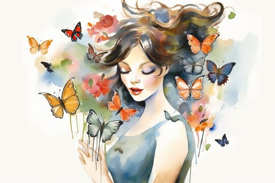 style Picasso Pablo butterflies flowers bouquet woman watercolor Cute hair flower fashion vector beauty face illustration floral art nature head summer design spring lady people silhouette drawing