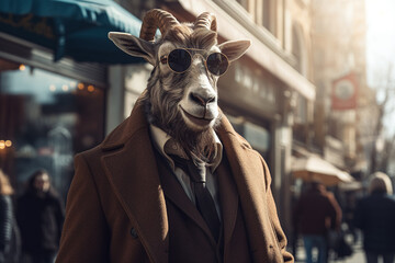 Anthropic Animals in Urban Settings - Sophisticated City Life Captured through Animals in Business Attire, Engaging with Technology and Urban Elements, Ideal for Modern Themes, AI - obrazy, fototapety, plakaty