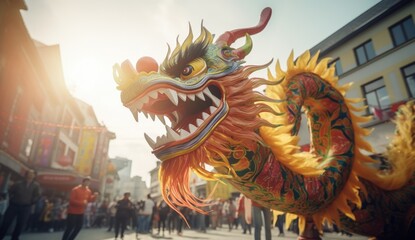 Chinese dragon as a character for the dragon dance at the Chinese New Year festival 2024 - obrazy, fototapety, plakaty