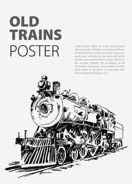 Poster an old railway or trains of ink sketch drawing on black for minimalist vintage poster, train book, cover, illustration background, post card industrial, art print locomotive, 