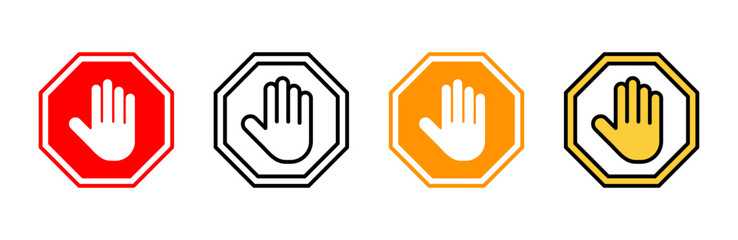 Stop icon set vector. stop road sign. hand stop sign and symbol. Do not enter stop red sign with hand