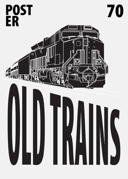 Poster an old railway or trains of ink sketch drawing on black for minimalist vintage poster, train book, cover, illustration background, post card industrial, art print locomotive, 