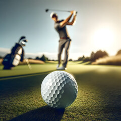 A dynamic close-up shot of a golf ball flying straight towards the camera, with a golfer in the background