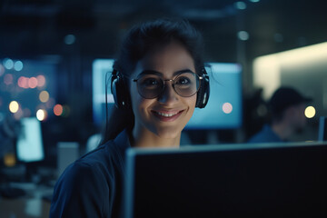The focused smile of a young female web developer is captured in a realistic high definition close-up with multiple computer screens in the background