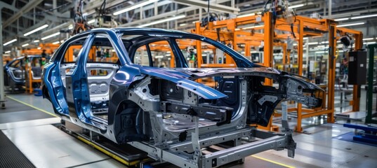 Car frame structure production at factory. Generative AI technology.