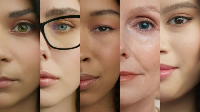 Close up diverse female half faces collage. Women of different races ethnicity ages looking at camera with calm relaxed face expression. Concept of diversity, caucasian, asian, african american women
