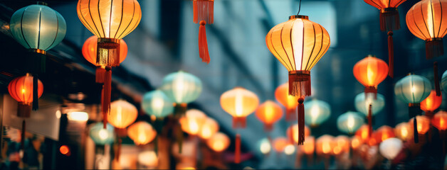 Paper lanterns with colorful lighting on the streets of old Asian town background. - obrazy, fototapety, plakaty