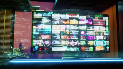  rotation around television with streaming service a lot videos. Movies album entertainment for user interface. Wroking and coding for customer experience at houme like in cinema