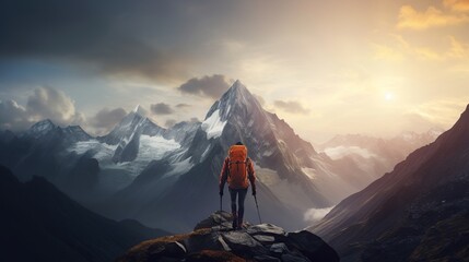  climber standing on the top of a high rock. Sport and active life concept, foggy peak mountain background - obrazy, fototapety, plakaty