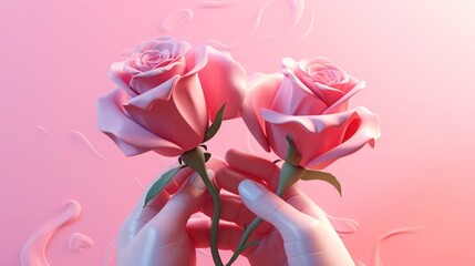 Hands holding beautiful pink roses or flowers of love that promote the romance of couples. Love on Valentine day or wedding. It expresses your love for your someone special to you. Generative Ai