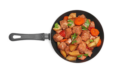 Frying pan with delicious goulash isolated on white, top view