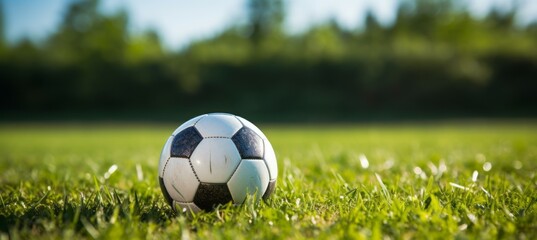Soccer ball at outdoor field. Generative AI technology.