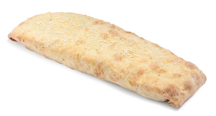 Delicious strudel with tasty filling isolated on white