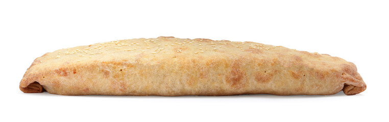 Delicious strudel with tasty filling isolated on white