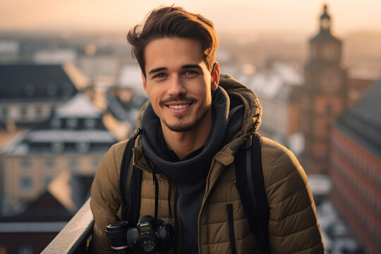 A young male photographer with a creative smile is shown in close-up in this realistic high definition image set against a dynamic cityscape photo shoot