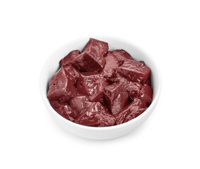 Cut raw beef liver in bowl isolated on white