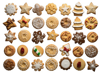 A charming array of Christmas cookies on a transparent background, featuring snowflakes, stars, and smiley faces with various icing and sprinkle embellishments.