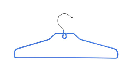 Empty blue hanger isolated on white. Wardrobe accessory