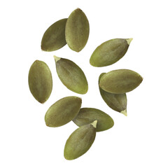Peeled pumpkin seeds falling on white background
