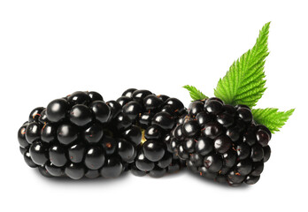 Tasty ripe blackberries and green leaves isolated on white