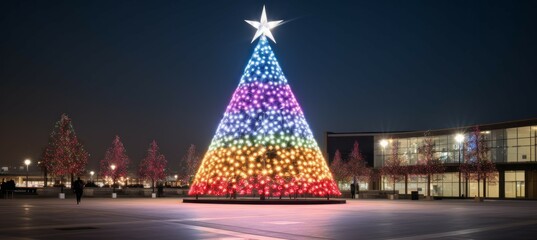 Colorful Christmas tree decoration at night. Generative AI technology.