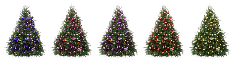 Christmas trees decorated in different colors isolated on white, collection