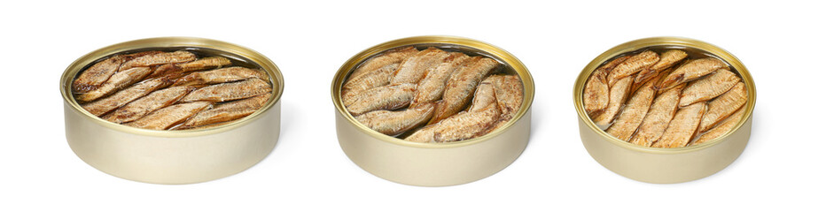 Tasty sprats in tin cans isolated on white, set