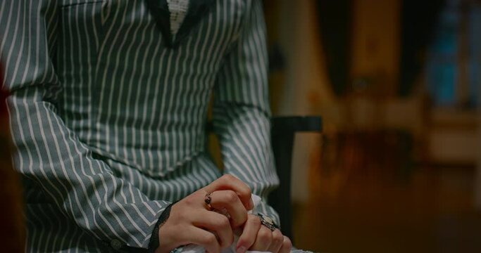 hands of crying woman in retro dress, history of 19th century, closeup view, 4K, Prores