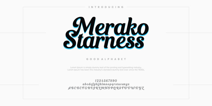 Merako Starness Abstract Fashion font alphabet. Minimal modern urban fonts for logo, brand etc. Typography typeface uppercase lowercase and number. vector illustration