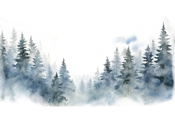 Watercolor misty pine forest with a transparent background - obrazy, fototapety, plakaty